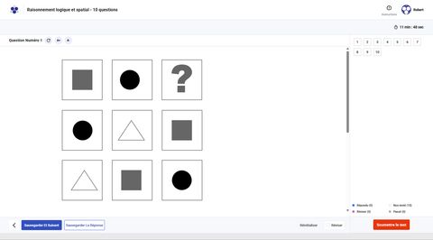 Interface de test en ligne : chronomètre, grille de questions et navigation