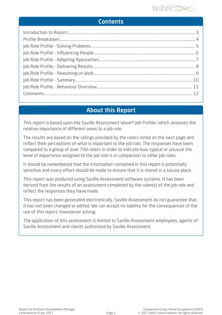 Saville Assessment WAVE Job Profiler Exemple de Rapport