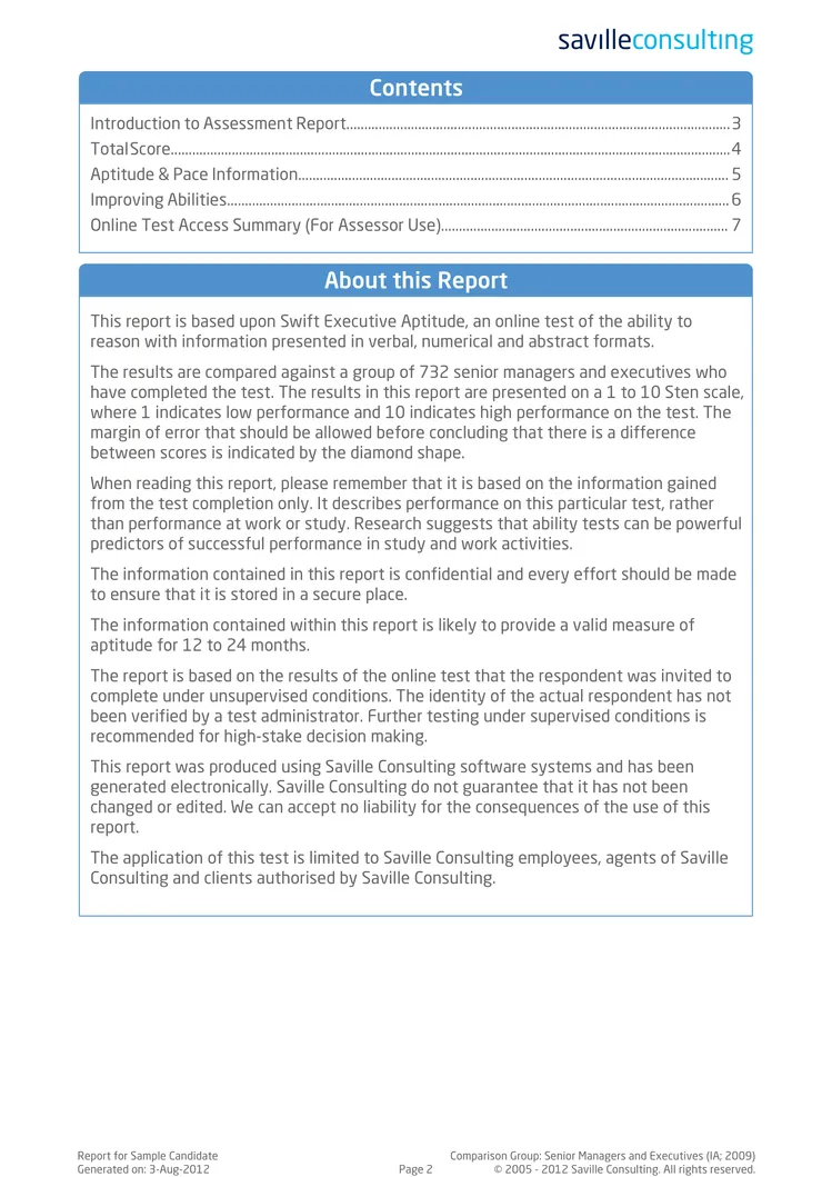 Exemple de rapport de test Saville Swift Exexecutive en anglais