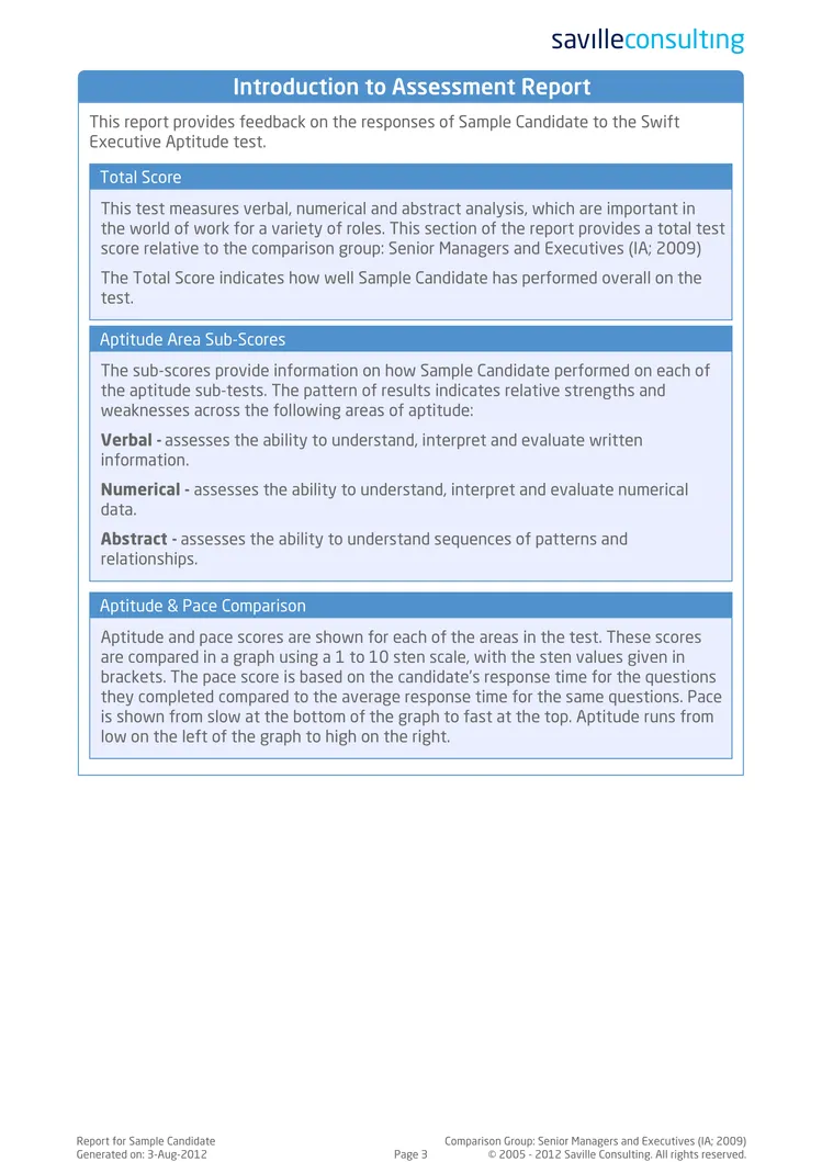 Exemple de rapport de test Saville Swift Exexecutive en anglais