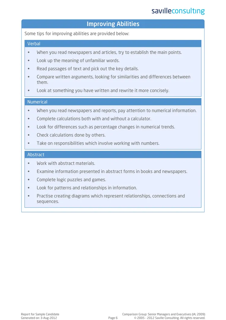 Exemple de rapport de test Saville Swift Exexecutive en anglais