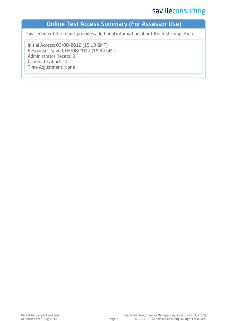 Exemple de rapport de test Saville Swift Exexecutive en anglais